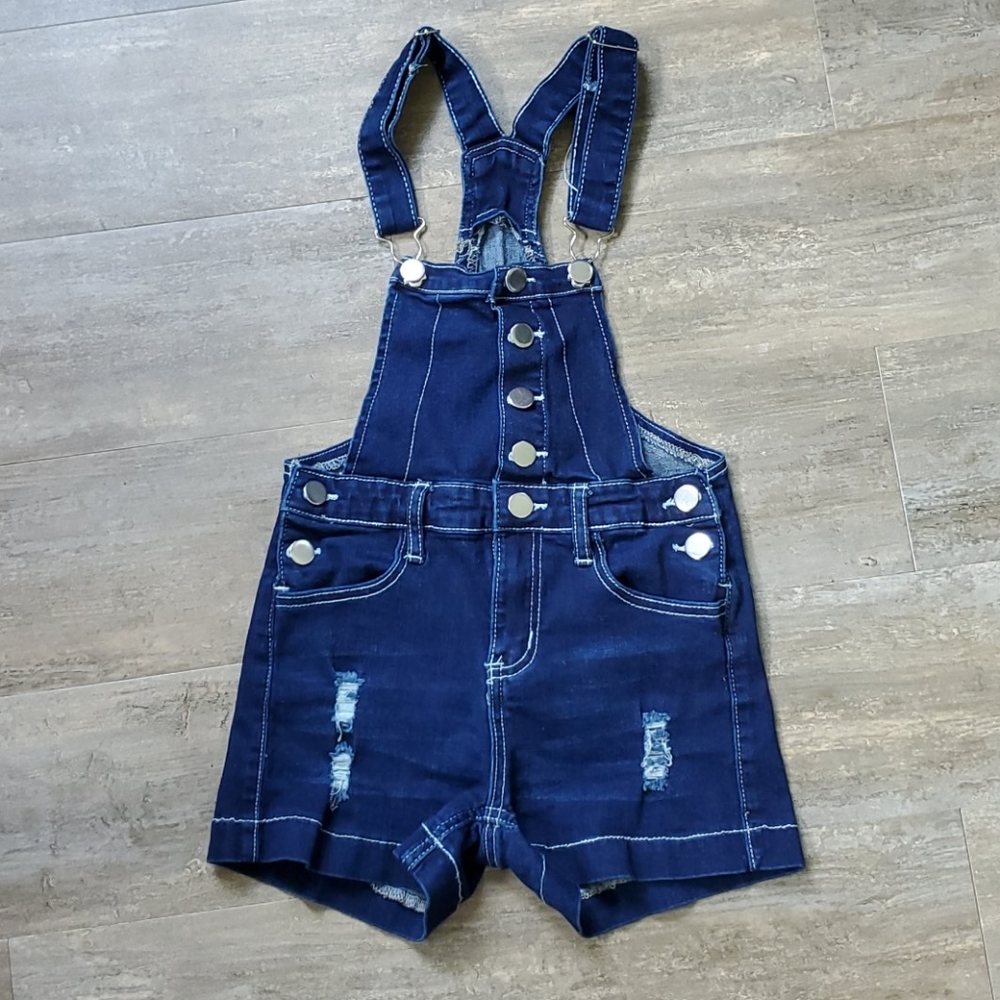 Vetinee Ripped Overalls Front Button Denim Shorts/ Jean Overall Shorts